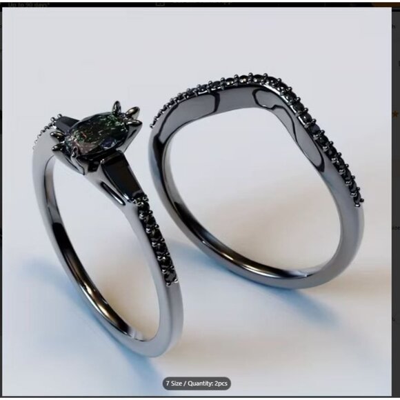 Marquise Cut Alexandrite Engagement Wedding Stacked 2 Ring Set in Rhodium - Picture 2 of 6